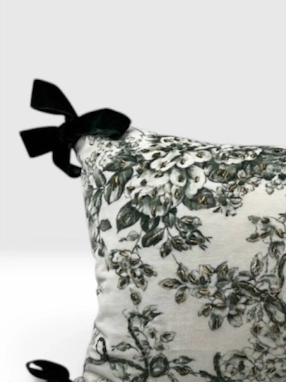 Elegant Velvet Green Bow Ties Floral Toile Lumbar Pillow 14x24” Laura Ashley